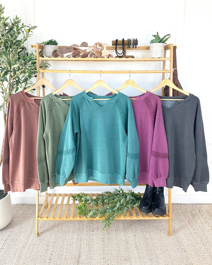 IN STOCK Lace Accent Vintage Wash Pullover - Teal