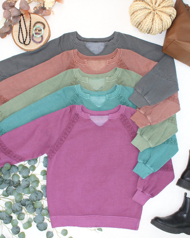 IN STOCK Lace Accent Vintage Wash Pullover - Teal