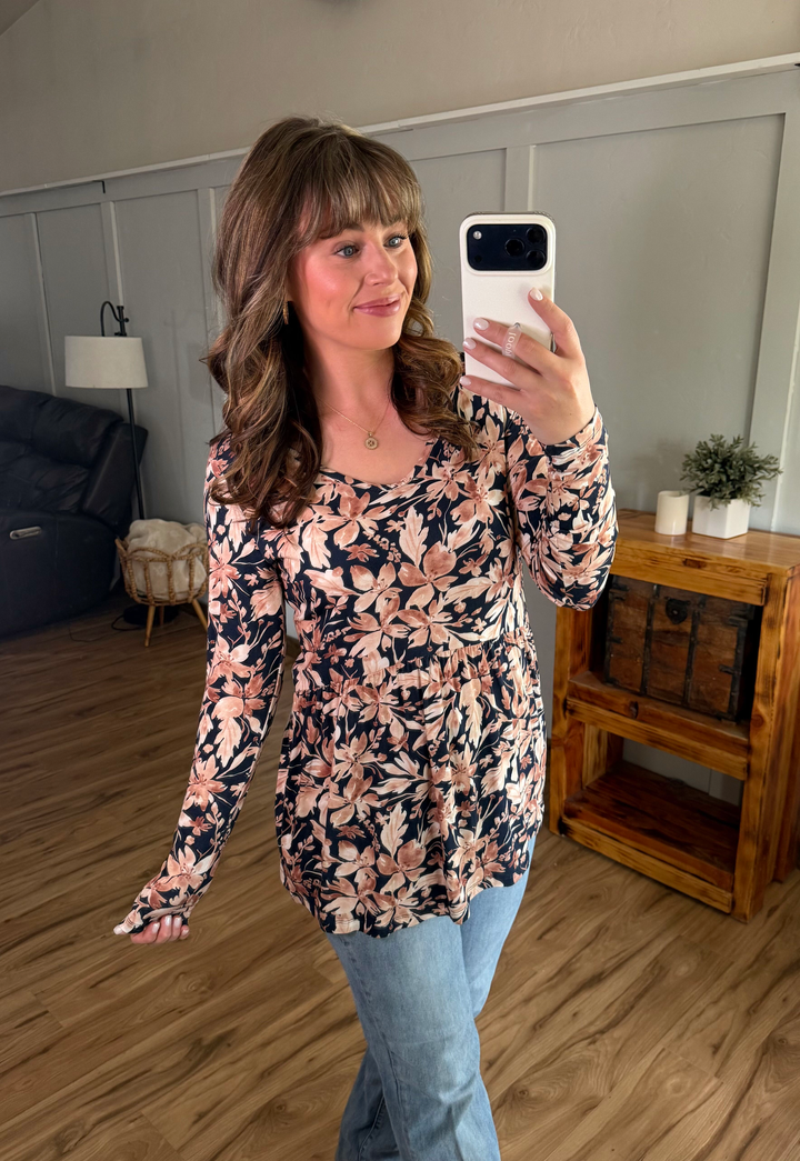IN STOCK Long Sleeve Sarah Ruffle Top - Navy Autumn Petals