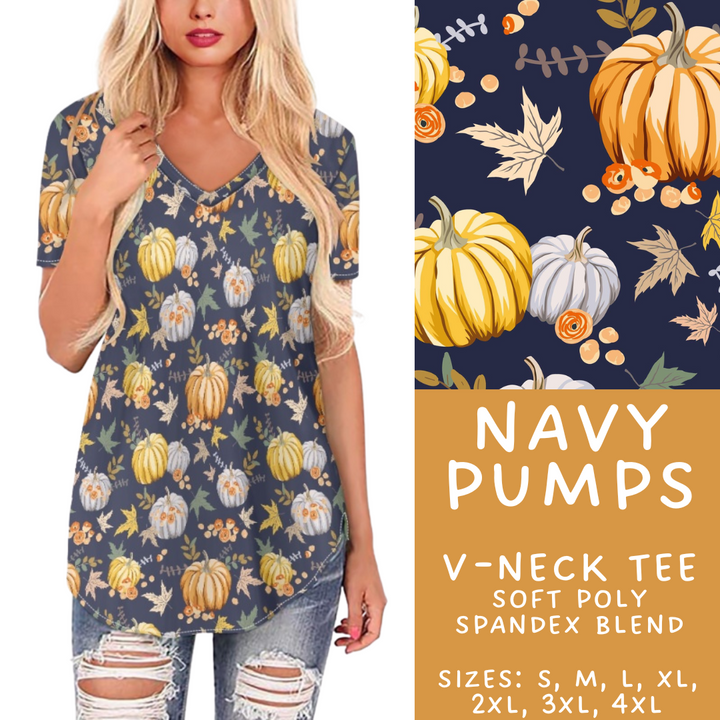 Batch #407 - Fall Fun 2 - Closes 9/4 - ETA mid/late October - Navy Pumps V-Neck Tee
