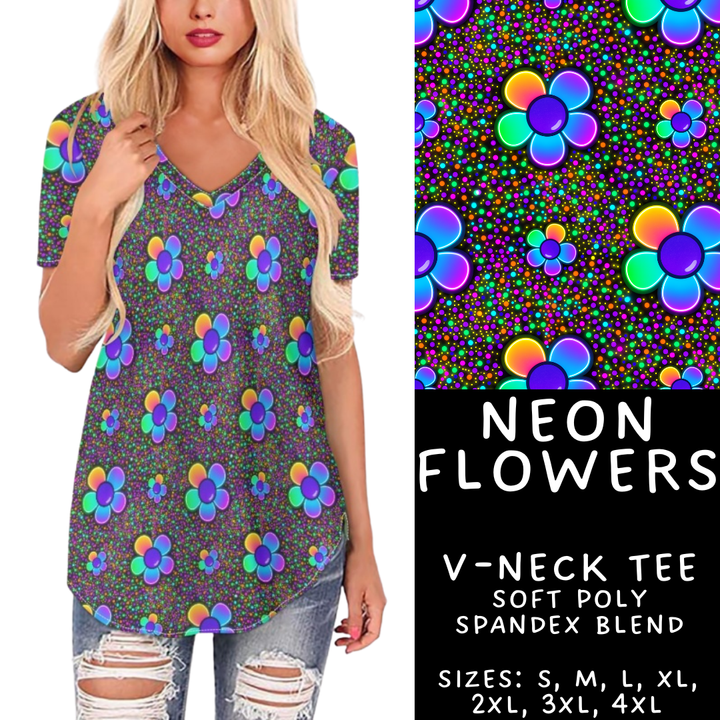 Batch #408 - Fun Run 14 - Closes 9/5 - ETA mid/late October - Neon Flowers V-Neck Tee