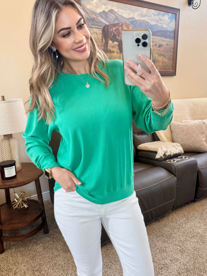 IN STOCK Corrine Ribbed Pullover Top - Emerald
