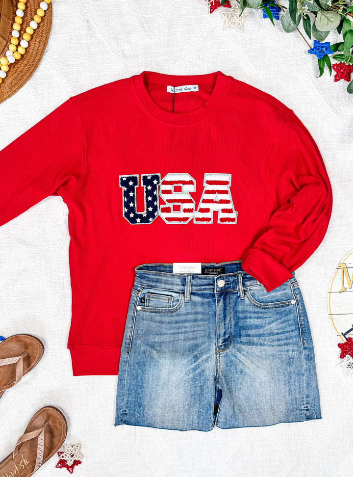 IN STOCK Corrine Pullover Top - Red USA Flag FINAL SALE