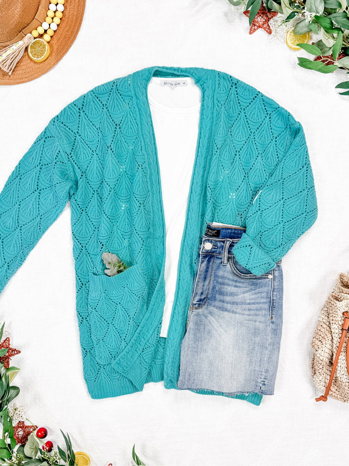 IN STOCK Open Knit Cardigan - Dusty Aqua
