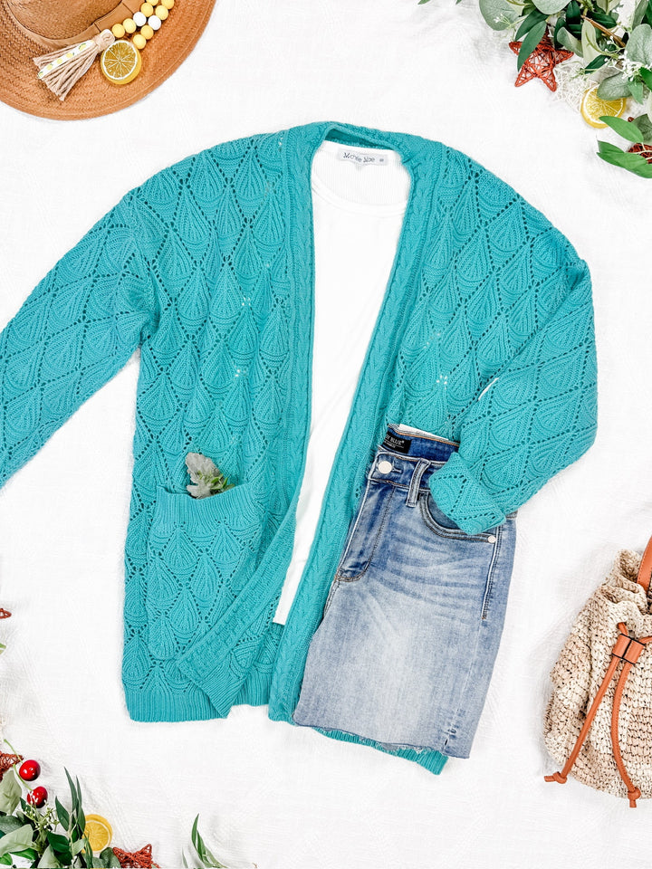 IN STOCK Open Knit Cardigan - Dusty Aqua