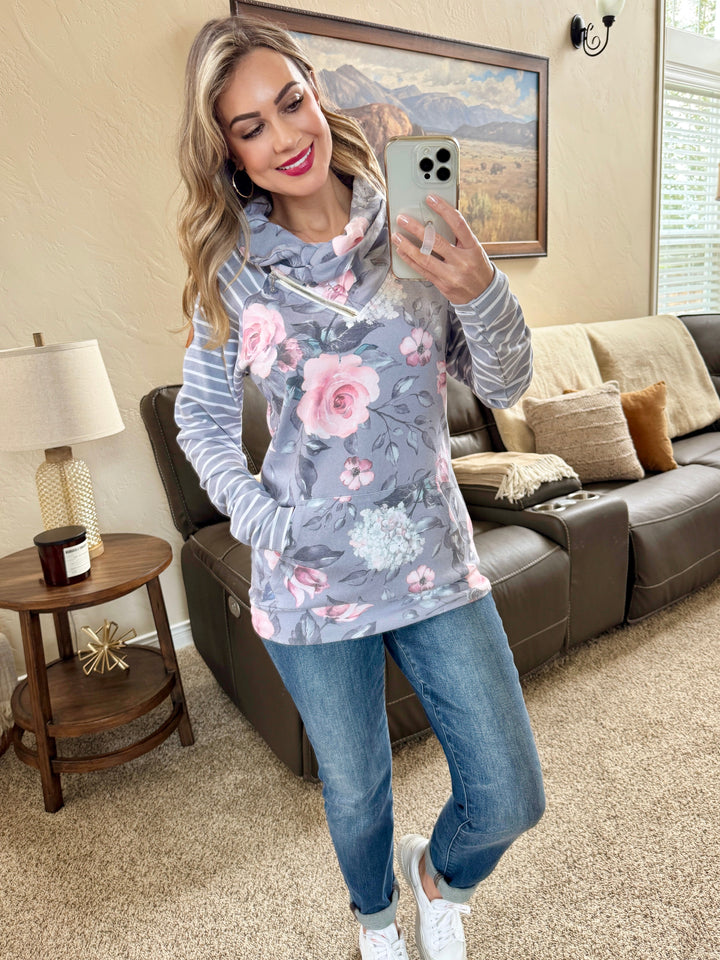 IN STOCK Classic Zoey ZipCowl Sweatshirt - Grey Floral and Stripes