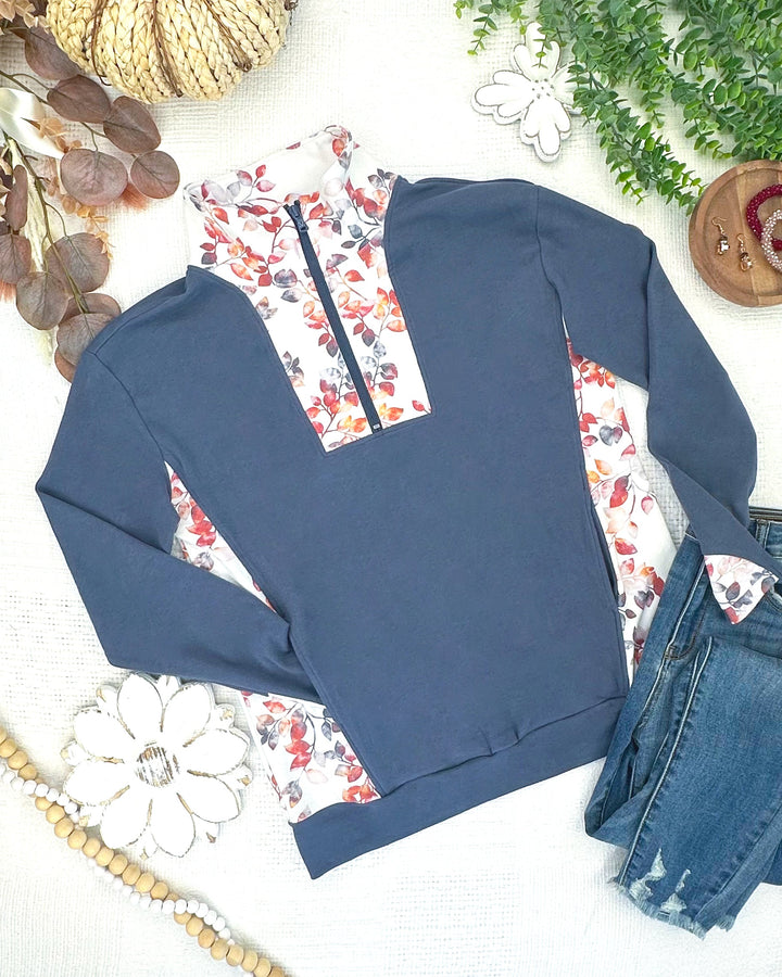 IN STOCK Rowan Zip Pullover - Slate Blue and Autumn Watercolor