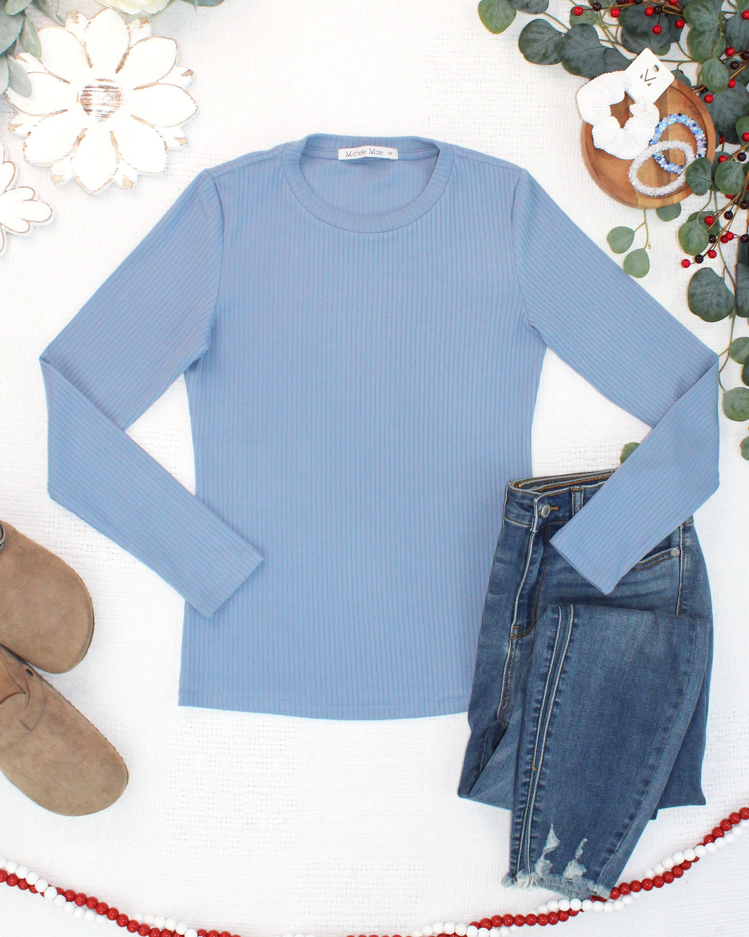 IN STOCK Reese Ribbed Long Sleeve Top - Dusty Blue