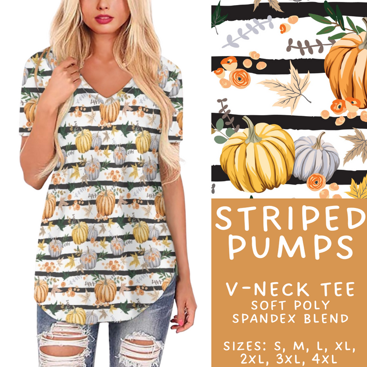 Batch #407 - Fall Fun 2 - Closes 9/4 - ETA mid/late October - Striped Pumps V-Neck Tee