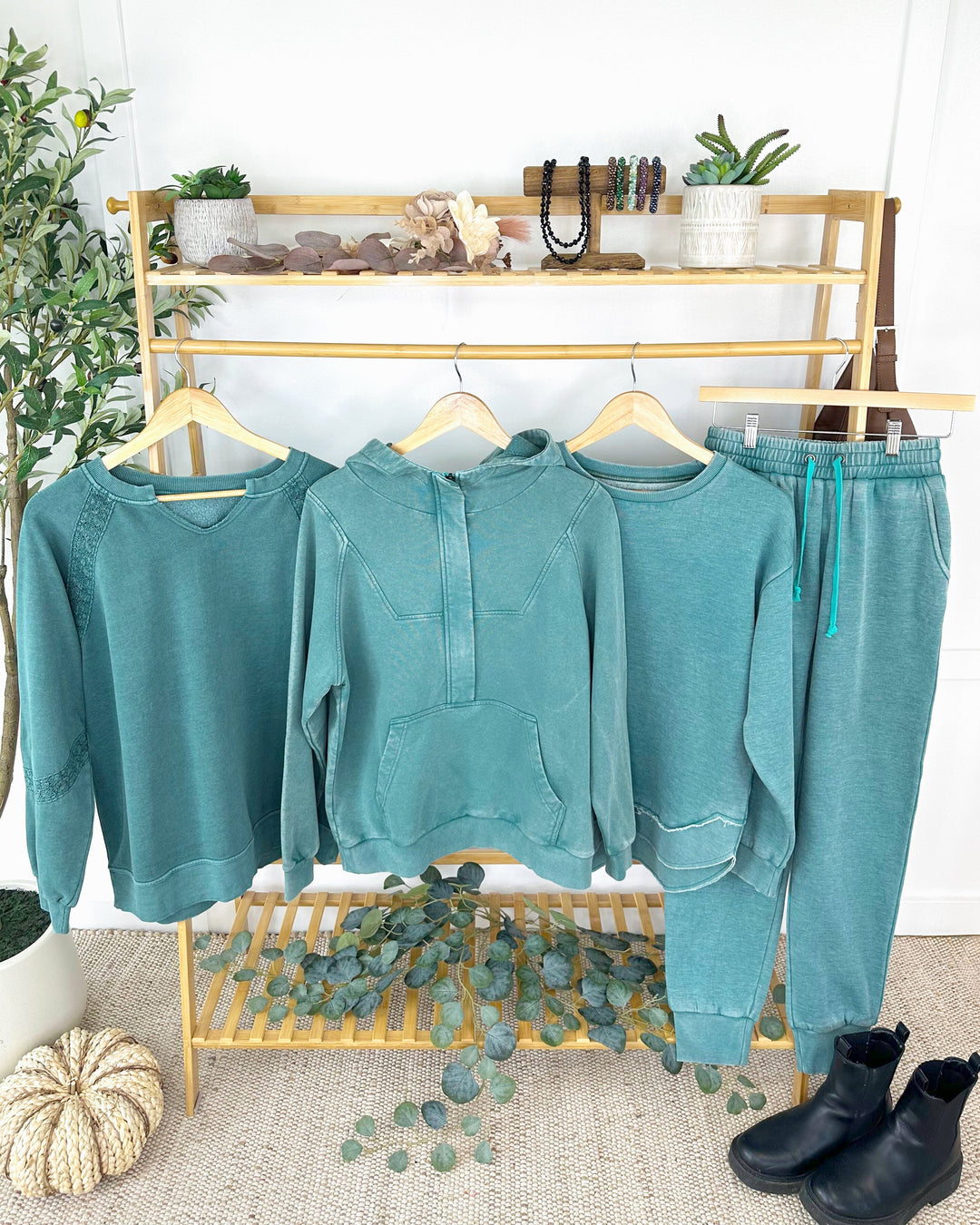 IN STOCK Lace Accent Vintage Wash Pullover - Teal