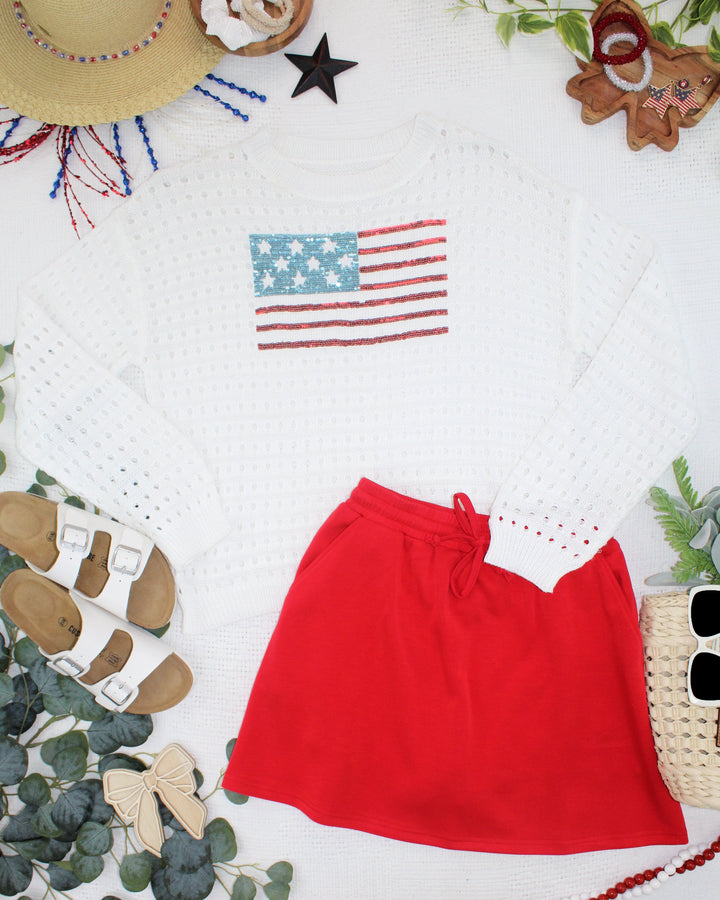 IN STOCK USA Sequin Flag Open Knit Pullover