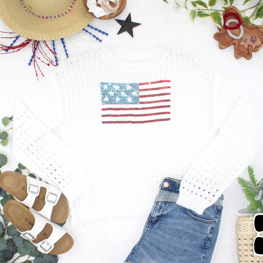 IN STOCK USA Sequin Flag Open Knit Pullover