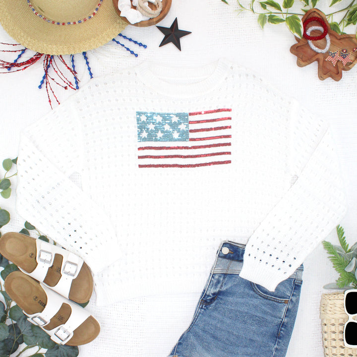 IN STOCK USA Sequin Flag Open Knit Pullover