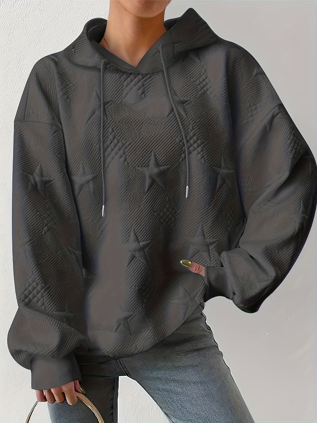 Plus Size Star Texture Long Sleeve Drawstring Hoodie