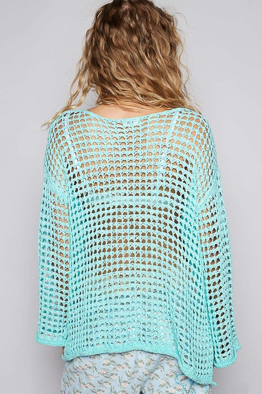 POL Side Slit Openwork Long Sleeve Knit Cover Up