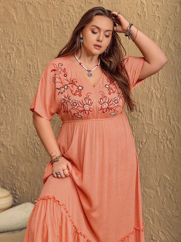 Plus Size Frill Embroidered V-Neck Half Sleeve Maxi Dress