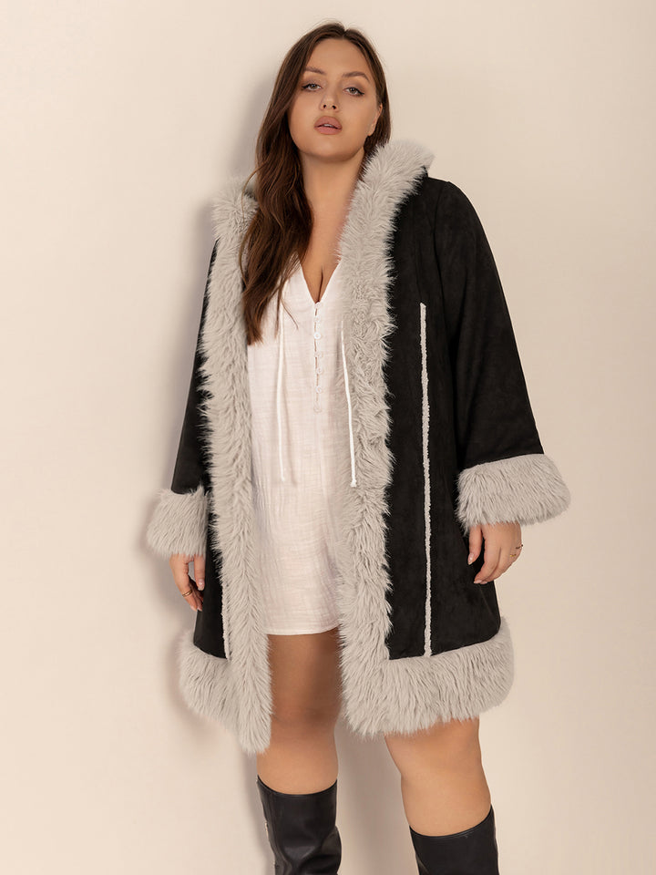 Plus Size Fuzzy Trim Open Front Long Sleeve Hooded Coat