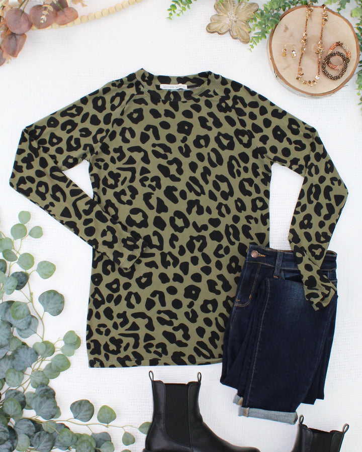 IN STOCK Blair Long Sleeve Top - Olive Animal Print