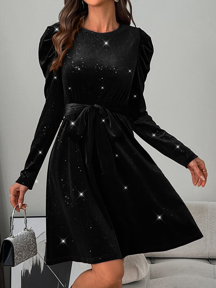 Glitter Round Neck Puff Sleeve Dress