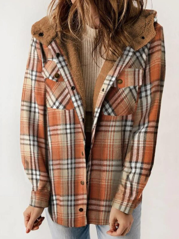 Plaid Snap Down Plush Hooded Jacket