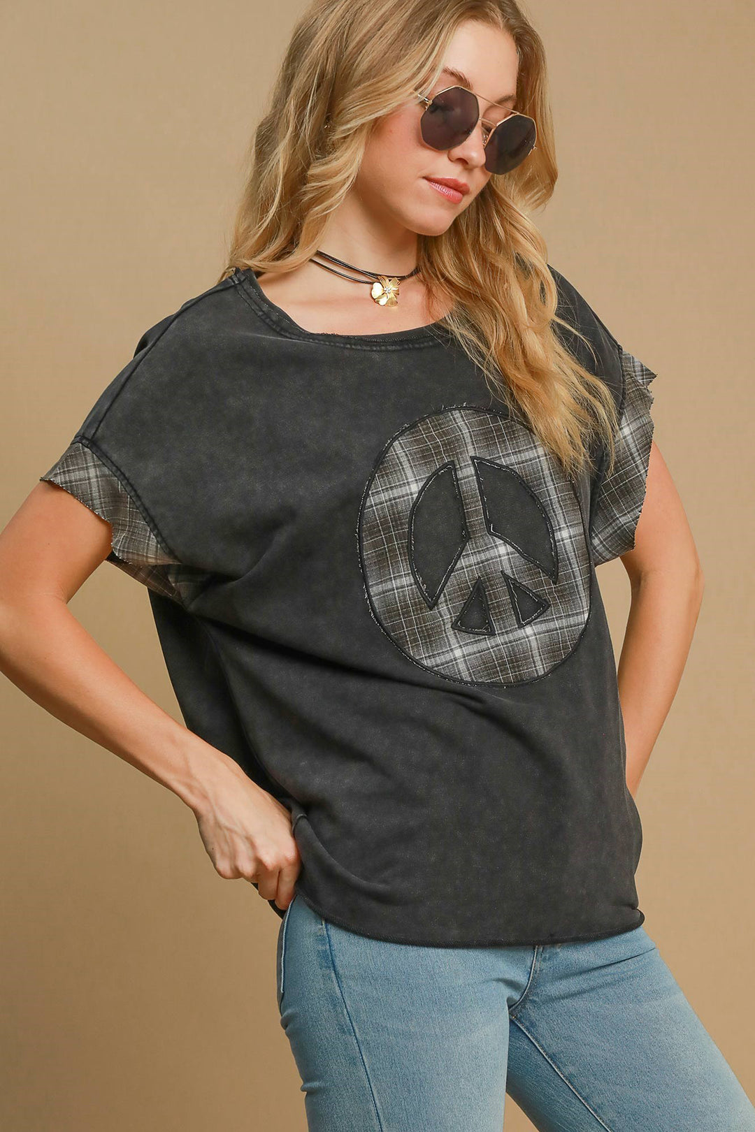 Umgee Peace Applique Round Neck French Terry Top