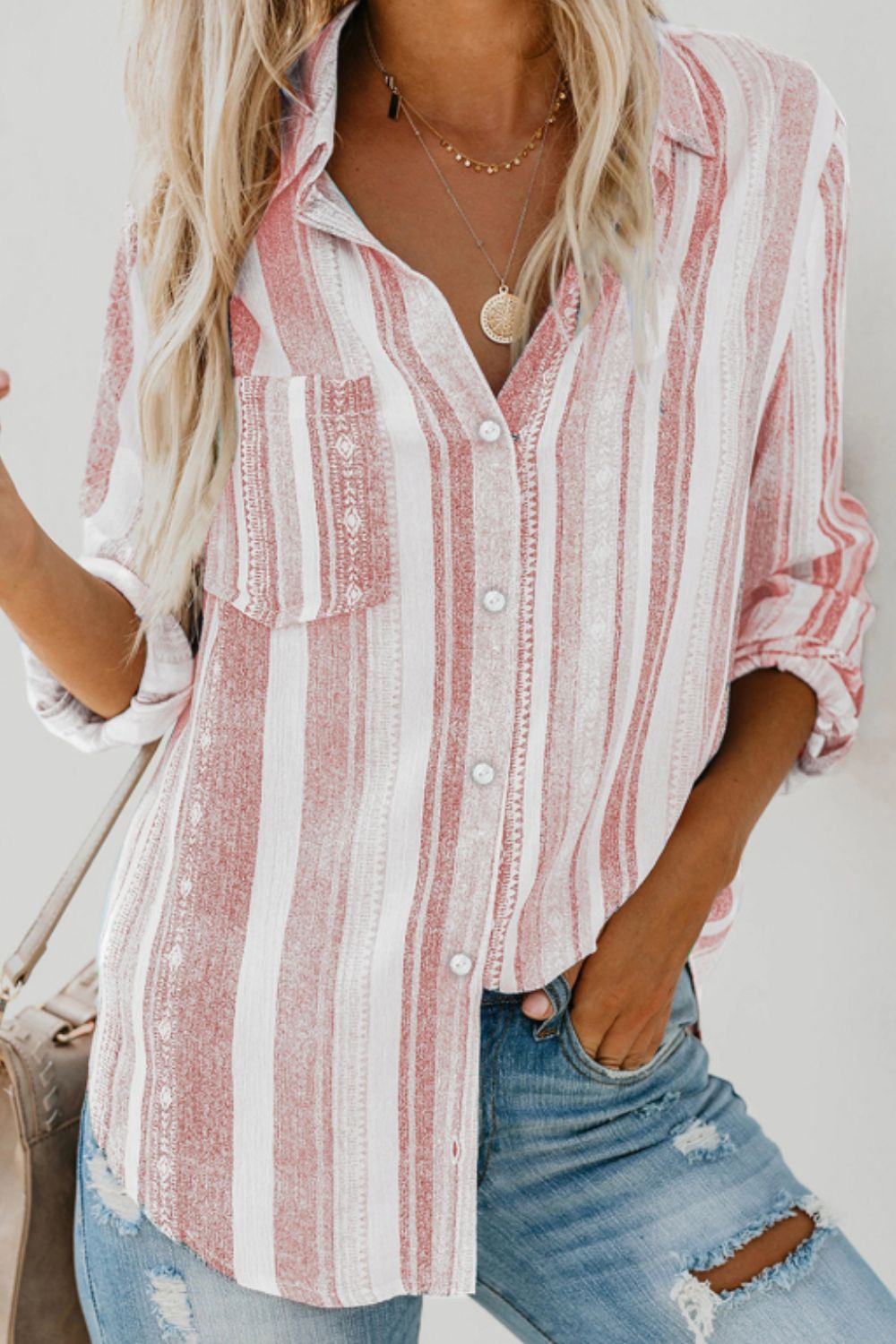 Striped Collared Neck Long Sleeve Shirt