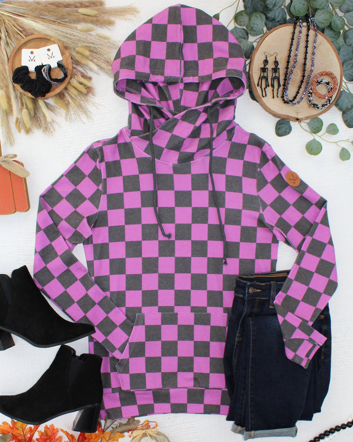 IN STOCK Ashley Hoodie - Black and Purple Checkers