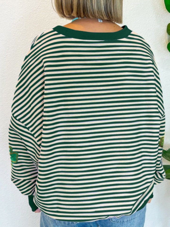 Stripe Lucky Clover Drop Shoulder Sweatshirt