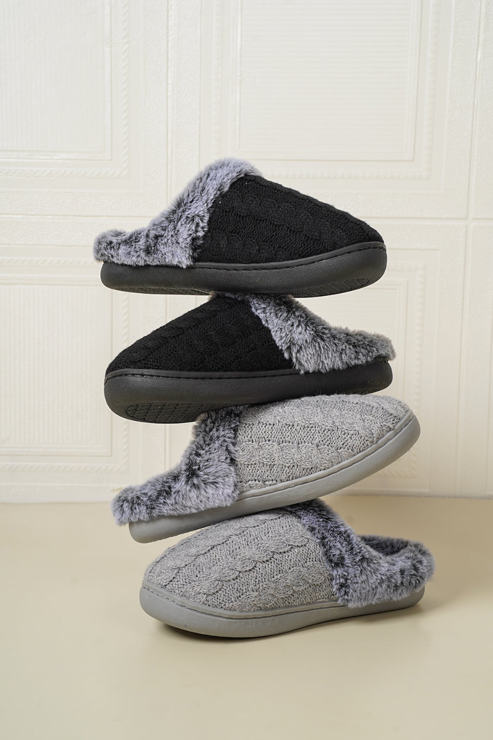 Cable-Knit Fluff Round Toe Slippers