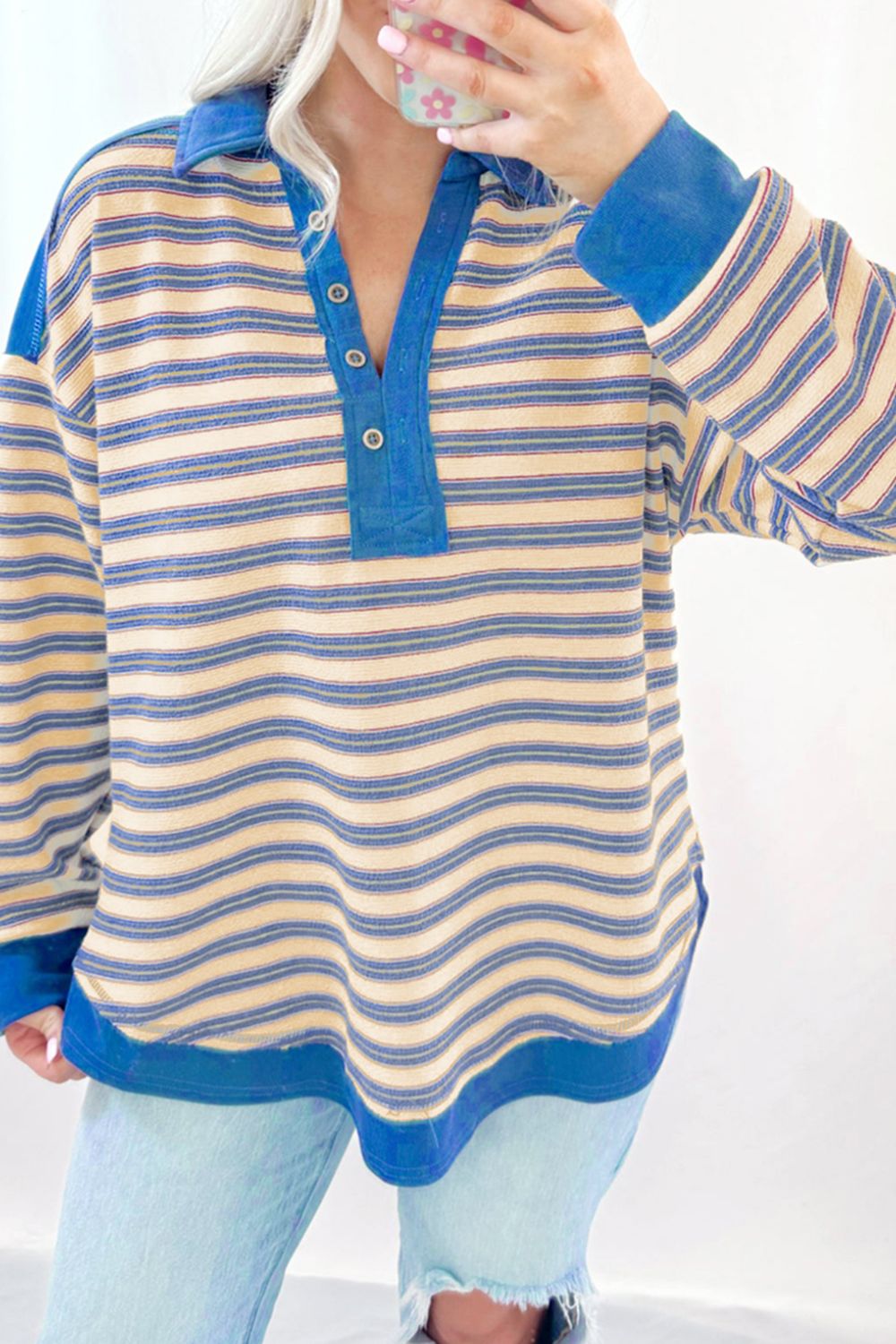 Striped Johnny Collar Long Sleeve Sweatshirt