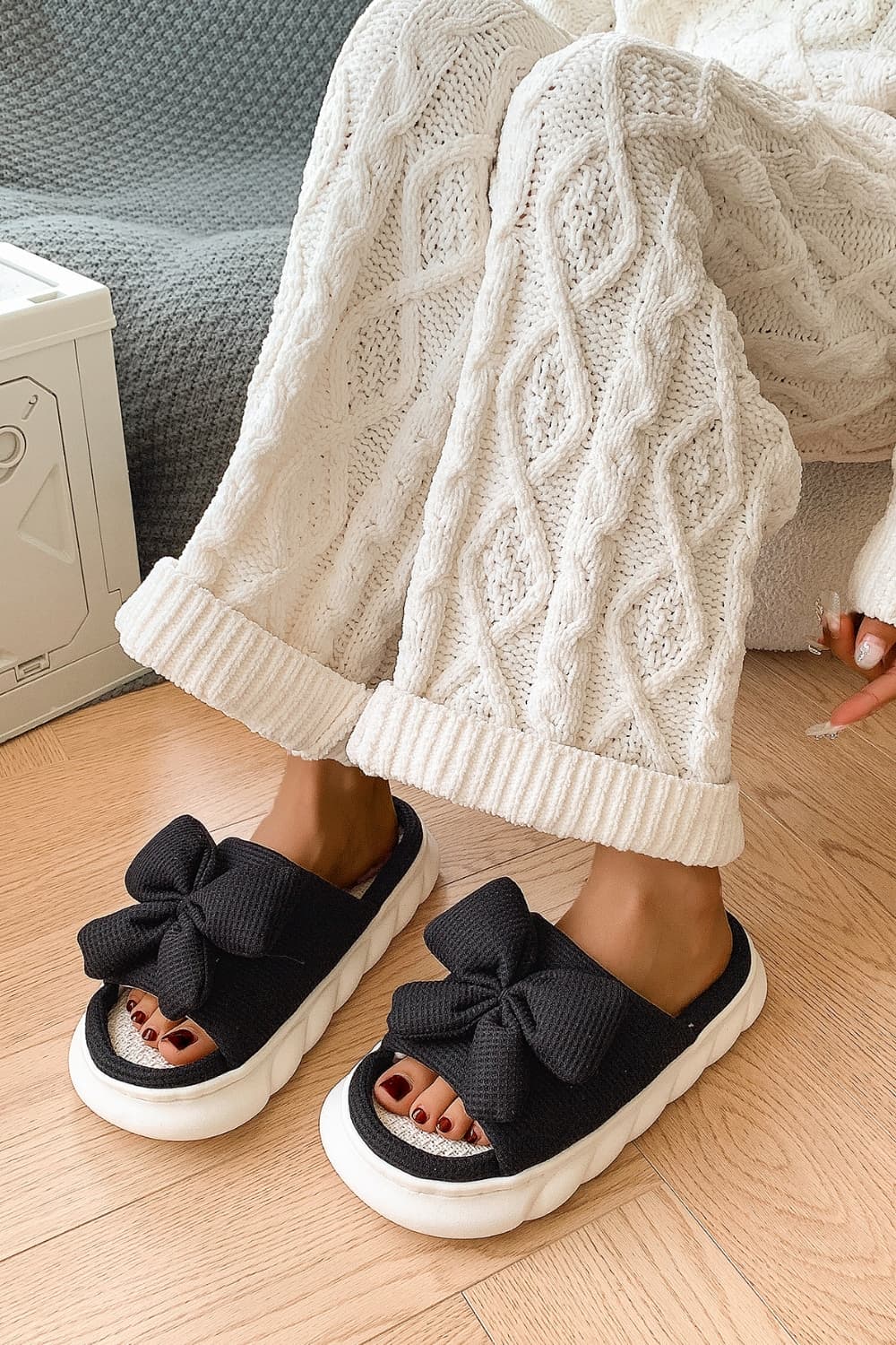 Bow Waffle-Knit Platform Slippers