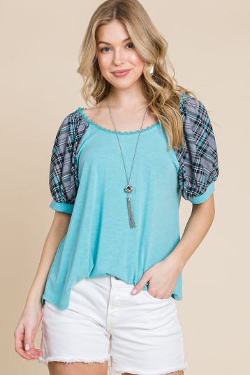 Emerald Solid Top Scoop-Neckline & Plaid