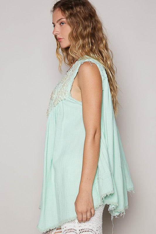 POL Embroidered Pearls Open Front Sleeveless Cardigan