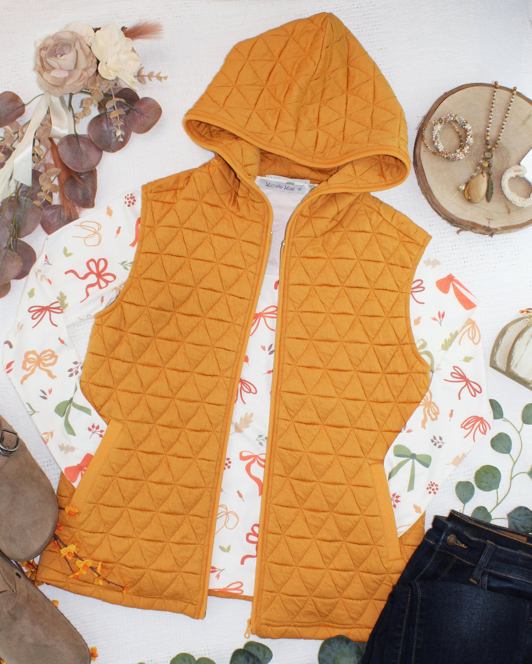 IN STOCK Heather Geometric Hooded Vest - Mustard
