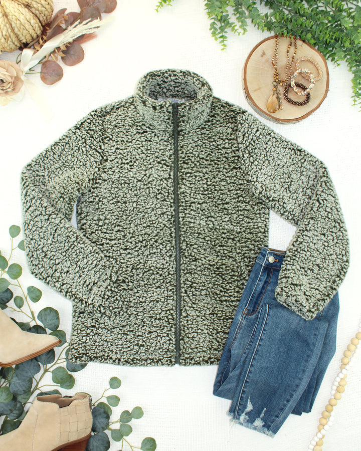 IN STOCK Two Tone Fullzip Sherpa - Olive and White