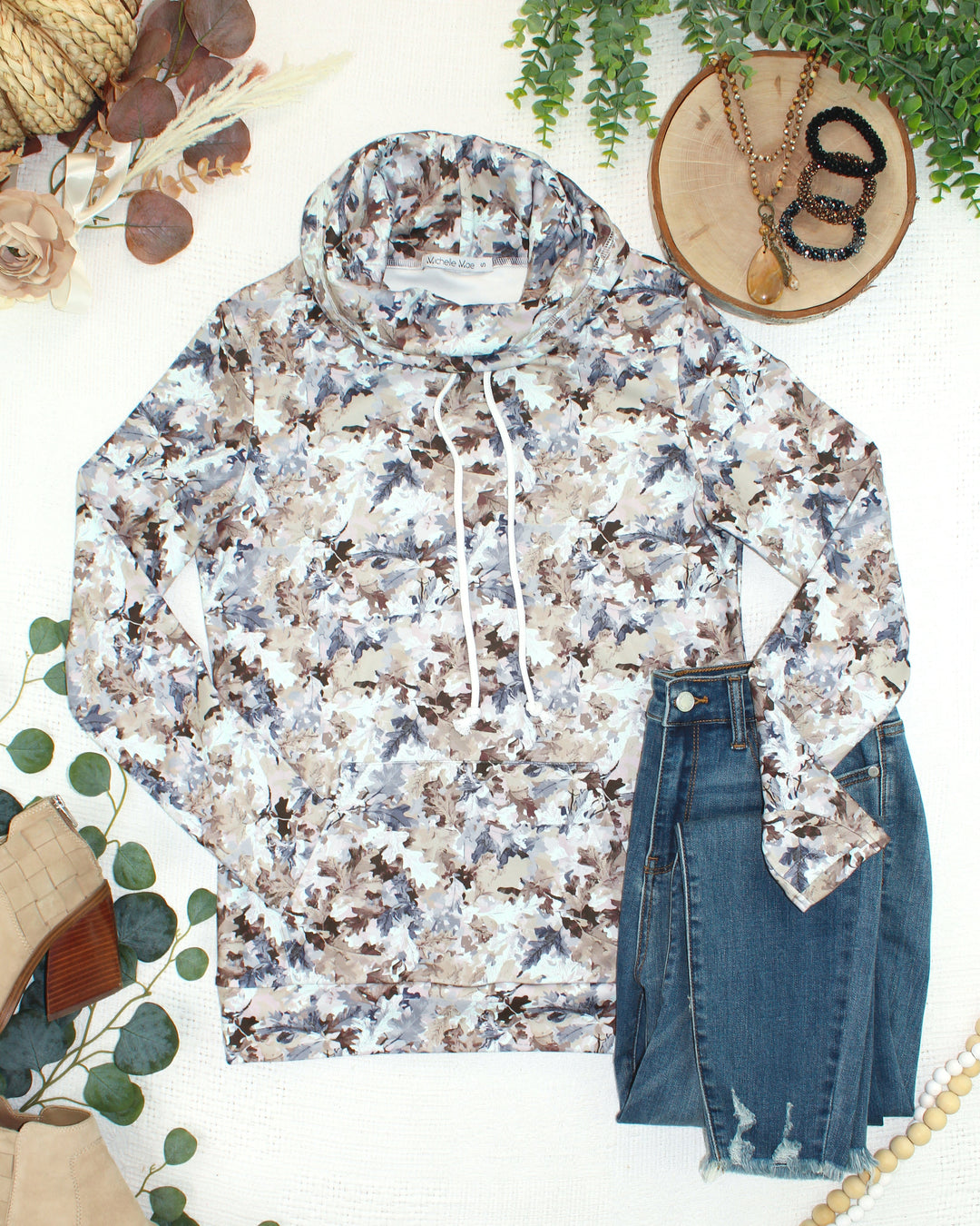 IN STOCK Soft Funnel Neck - Neutral Leaves