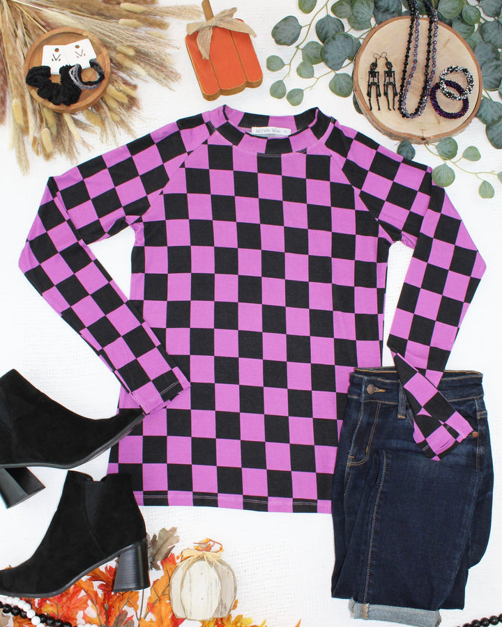 IN STOCK Blair Long Sleeve Top - Black and Purple Checkers
