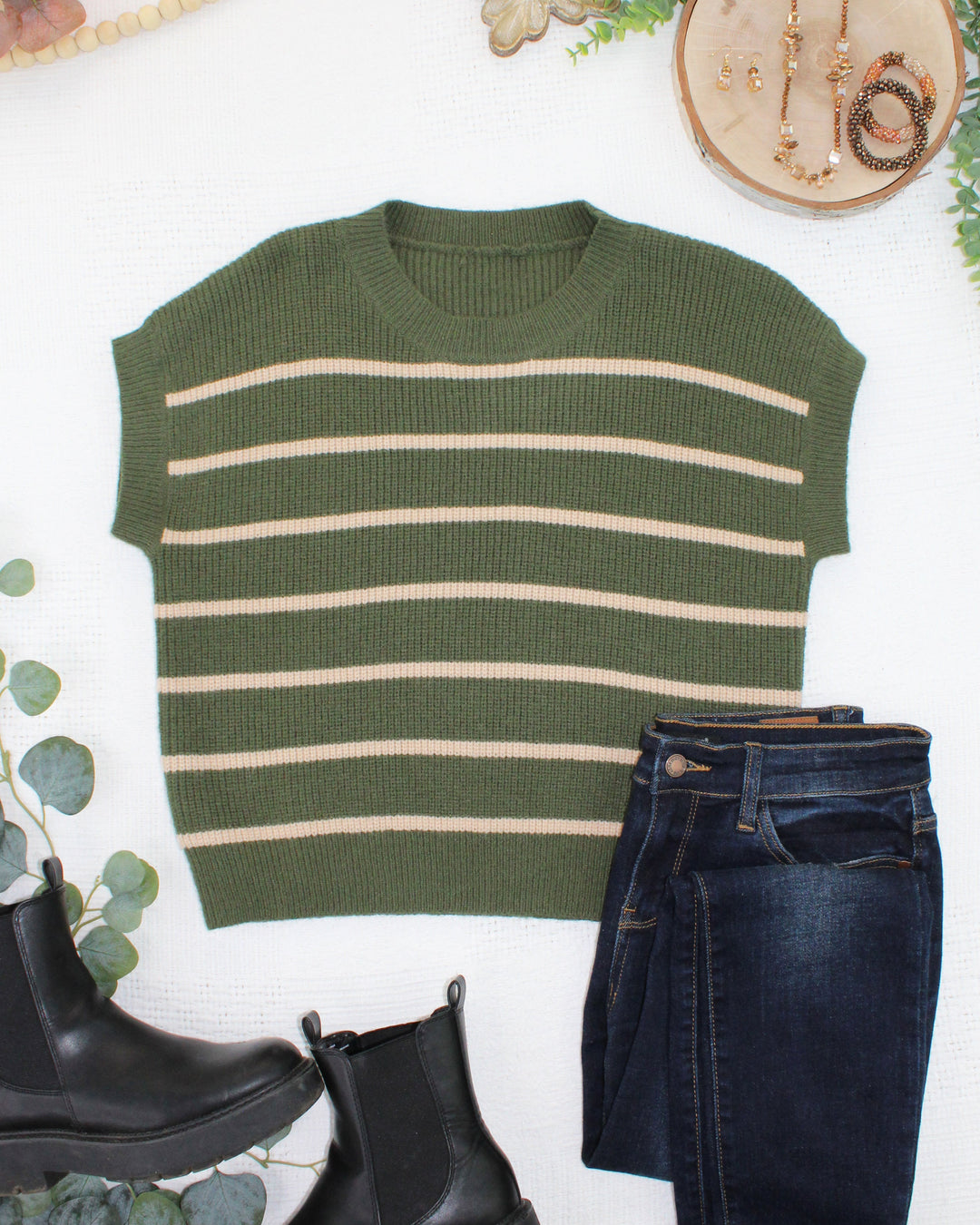 IN STOCK Striped Sweater Top - Olive and Tan