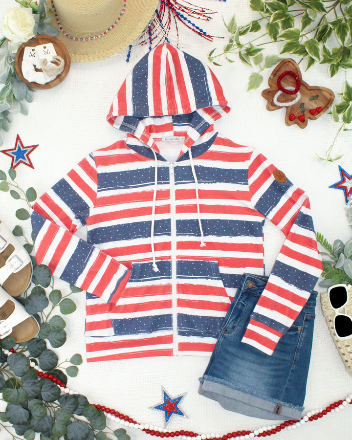 IN STOCK Fullzip Hoodie - Striped Red, White, and Micro Blue Stars FINAL SALE