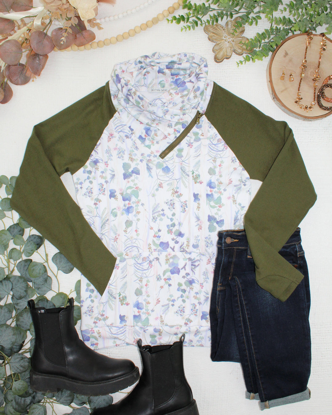 IN STOCK Classic Zoey ZipCowl Sweatshirt - Olive Meadow and Olive
