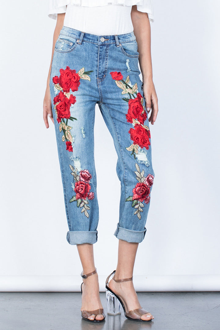 Full Size Flower Embroidery Button Fly Jeans