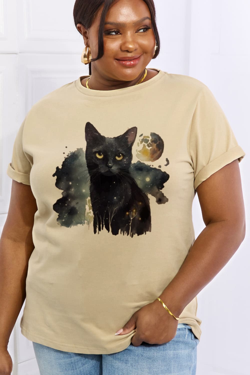 Simply Love Full Size Black Cat Graphic Cotton Tee