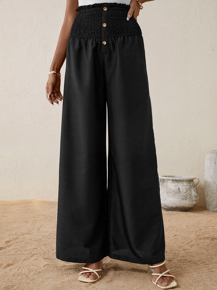 High Smocked Waist Buttoned Relax Fit Long Pants