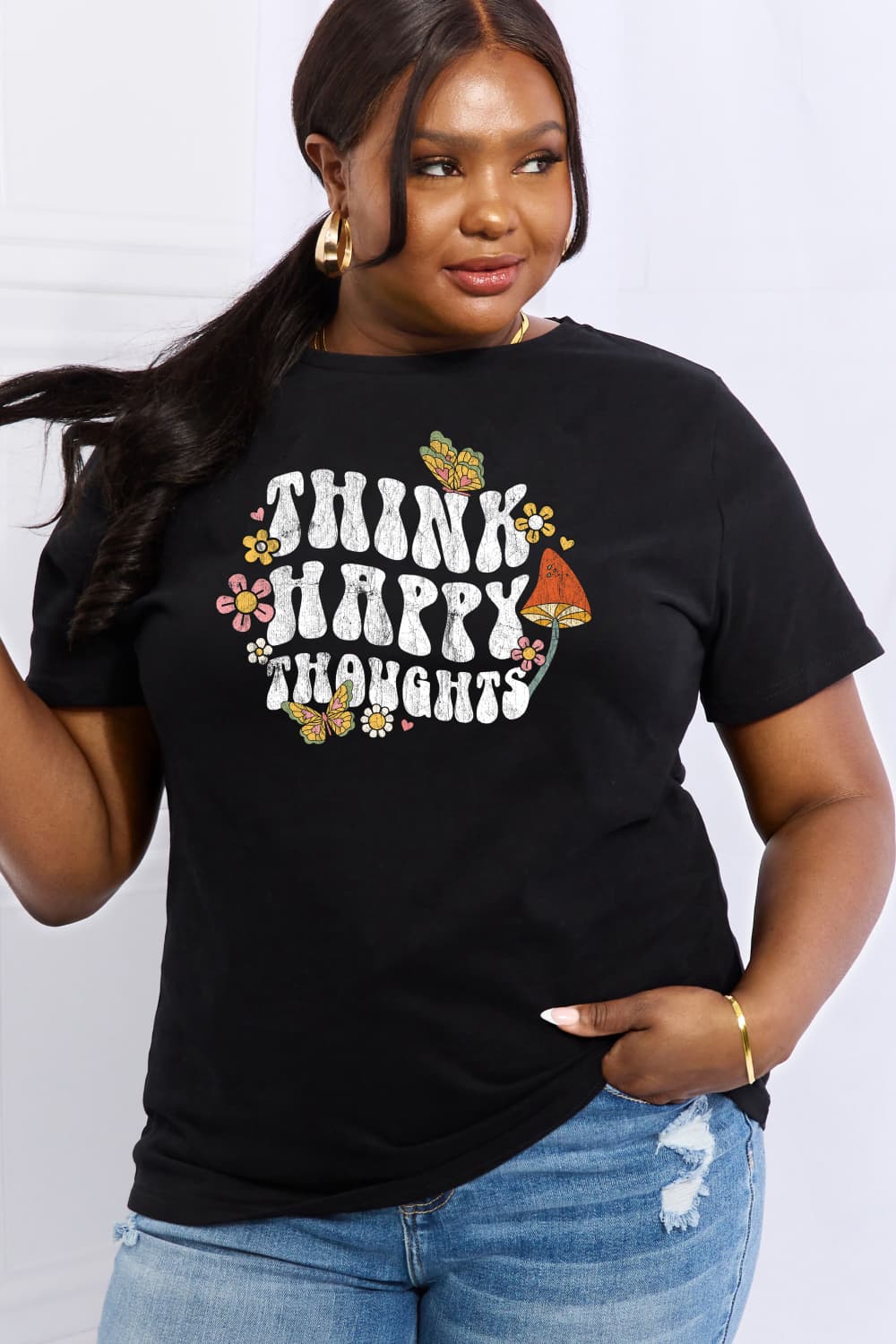 Simply Love Full Size THINK HAPPY THOUGHTS Graphic Cotton Tee