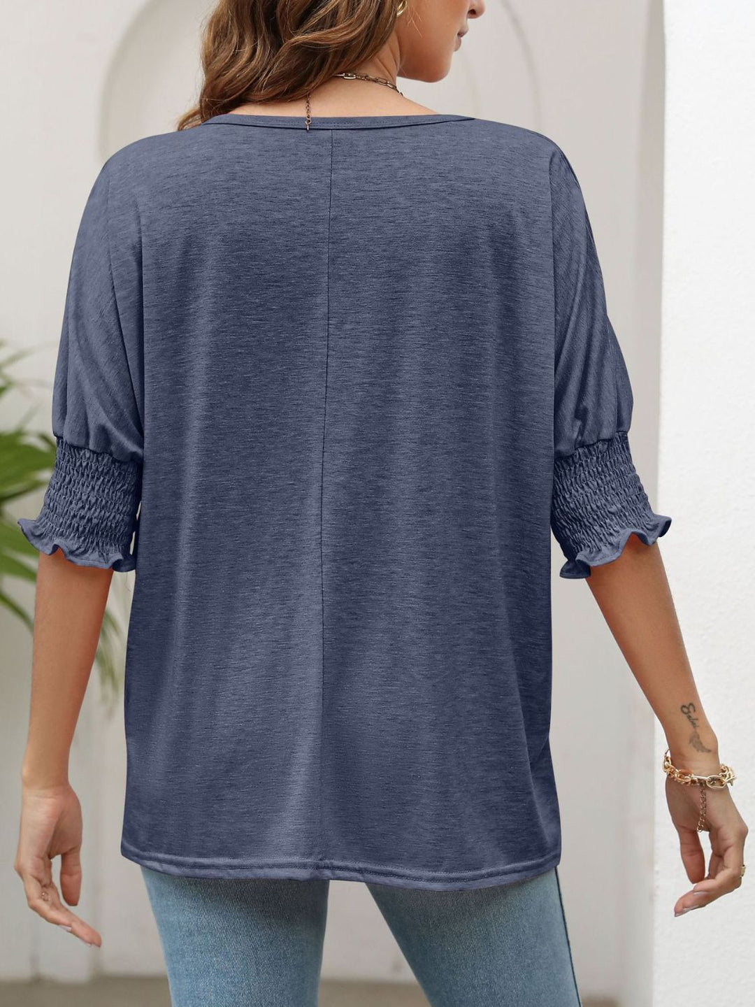 Smocked Flounce Sleeve Round Neck T-Shirt