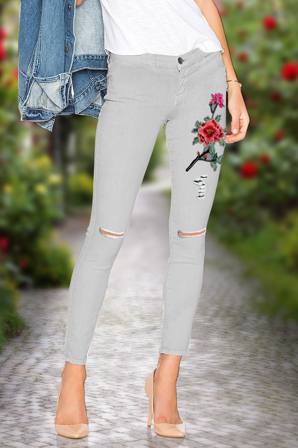 Flower Embroidery Cutout Jeans
