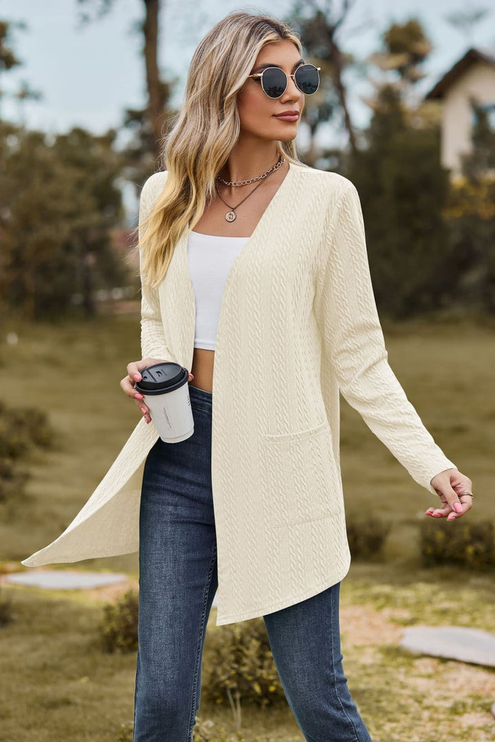 Cable-Knit Long Sleeve Cardigan with Pocket