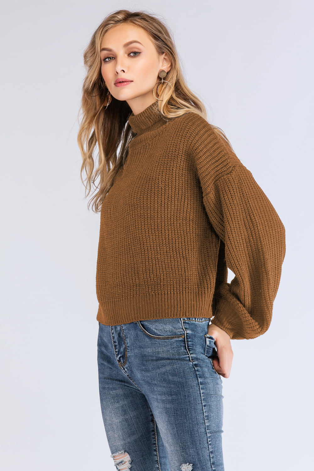 Turtleneck Rib-Knit Dropped Shoulder Sweater