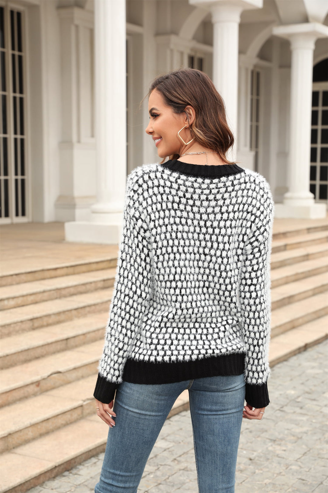 Printed Round Neck Dropped Shoulder Sweater