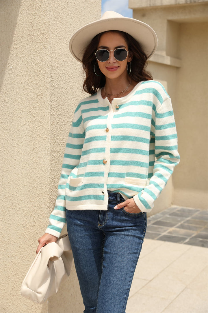 Striped Round Neck Button-Down Dropped Shoulder Cardigan